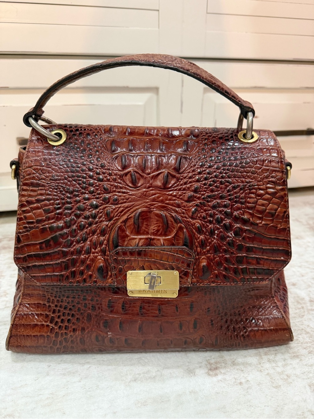Brahmin Brinley Satchel Pecan Melbourne Leather Top Handle Flap Bag Vintage